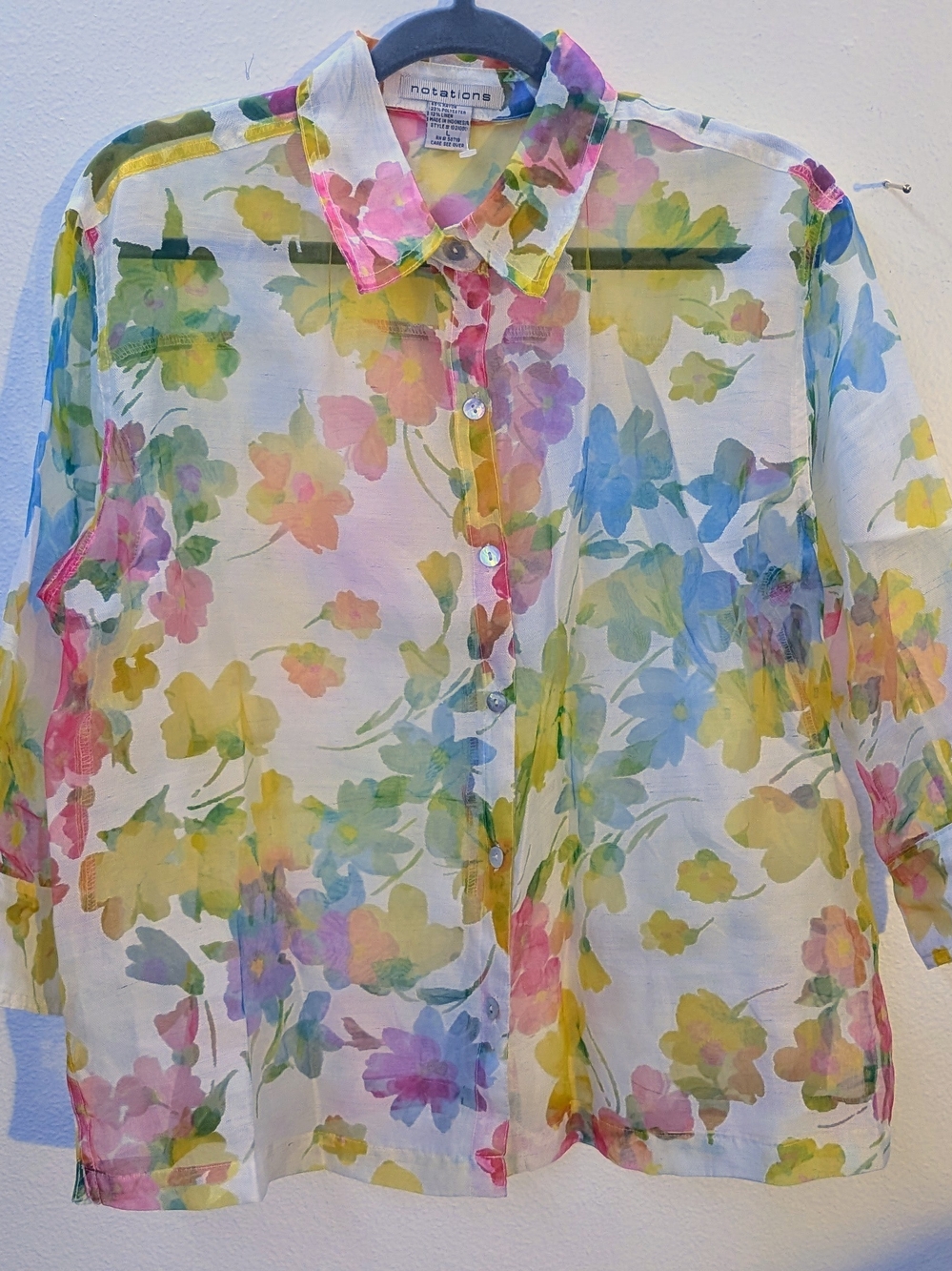 Size L Women's Notations Sheer Multi Color Floral Button-Down Blouse 3/4 Sleeves